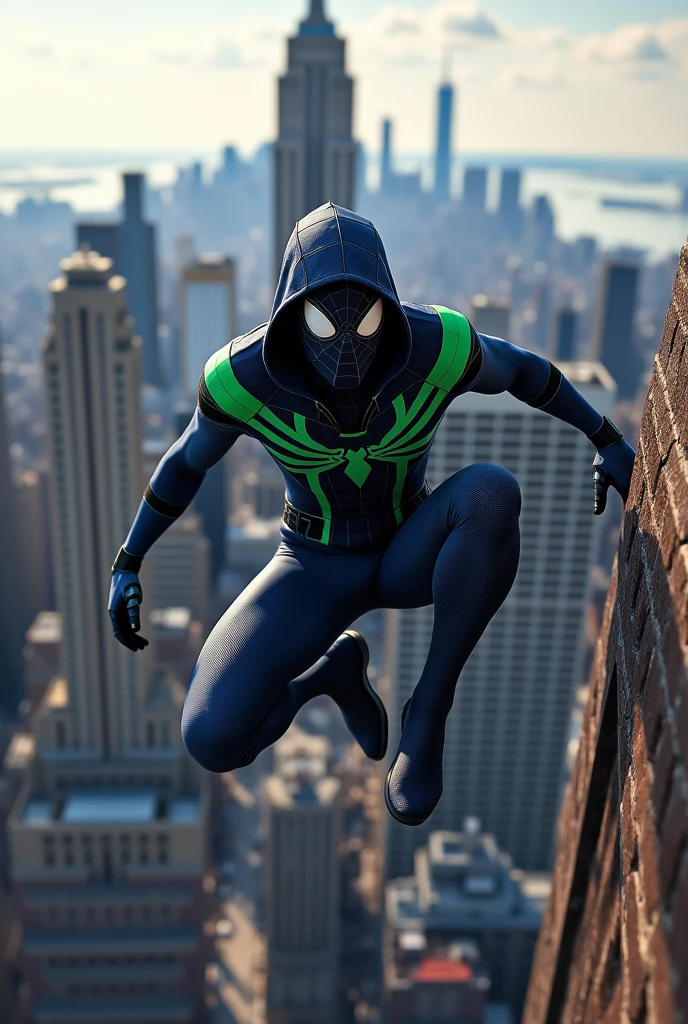 Spider man with a navy color with a navy hood with green stripes and on top of the empire state building leaping at the edge