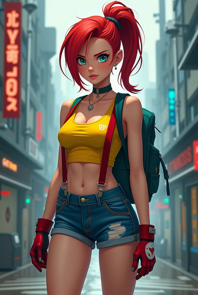 Style cyberpunk : Ondine, de taille moyenne et mince, a des cheveux roux attachés en une queue de cheval sur le côté corte. Elle porte un débardeur jaune court, dévoilant son abdomen, avec un short en jean bleu et des bretelles rouges lâches. Ses yeux sont bleus, grands, et son visage fin exprime souvent la détermination. Elle porte des baskets rouges et blanches et emporte un sac à dos bleu ou vert. Ondine incarne une énergie dynamique et protectrice, avec un style simple mais sportif.