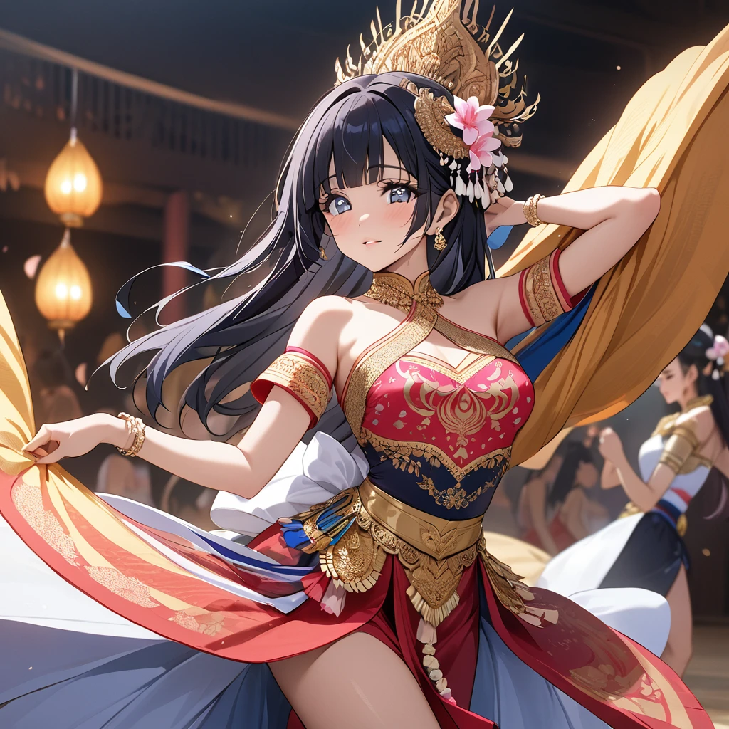 ((Highest quality)), ((masterpiece)), (detailed), (Perfect Face)、The woman is Reika Aoki with semi-long hair、A woman is wearing a Thai dance costume and dancing the Thai dance Ram in Thailand