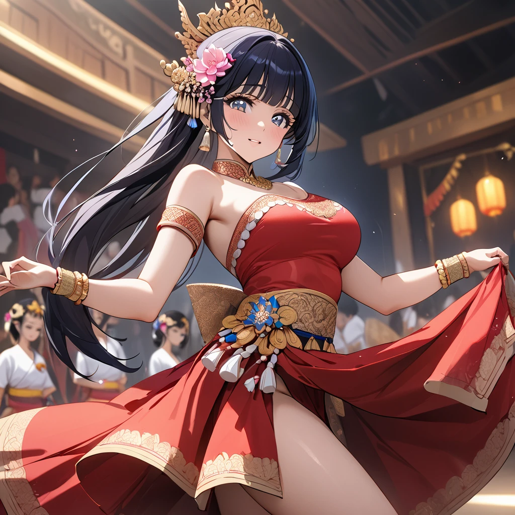 ((Highest quality)), ((masterpiece)), (detailed), (Perfect Face)、The woman is Reika Aoki with semi-long hair、A woman is wearing a Thai dance costume and dancing the Thai dance Ram in Thailand