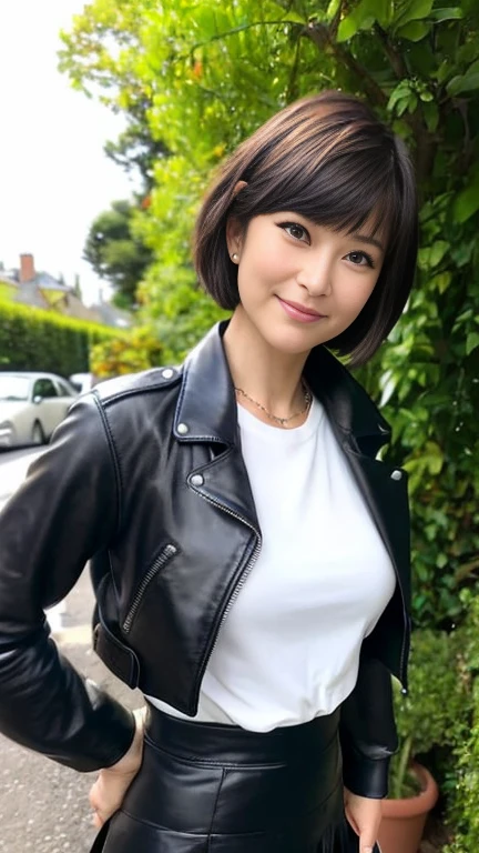 最high quality, 8k, Vibrant, Sharp focus, high quality, High resolution, Middle-aged women, Mature Woman, 5, (Whole Body Ezbian), (High heels face detail, Highly detailed eyes, Plump figure、Plump face、((big 1.6))、((Black leather clothing))、garden、Random Hairstyles、A kind smile、Very short hair、(Standing posture、Leather skirt、leather jacket、Leather Fashion)、