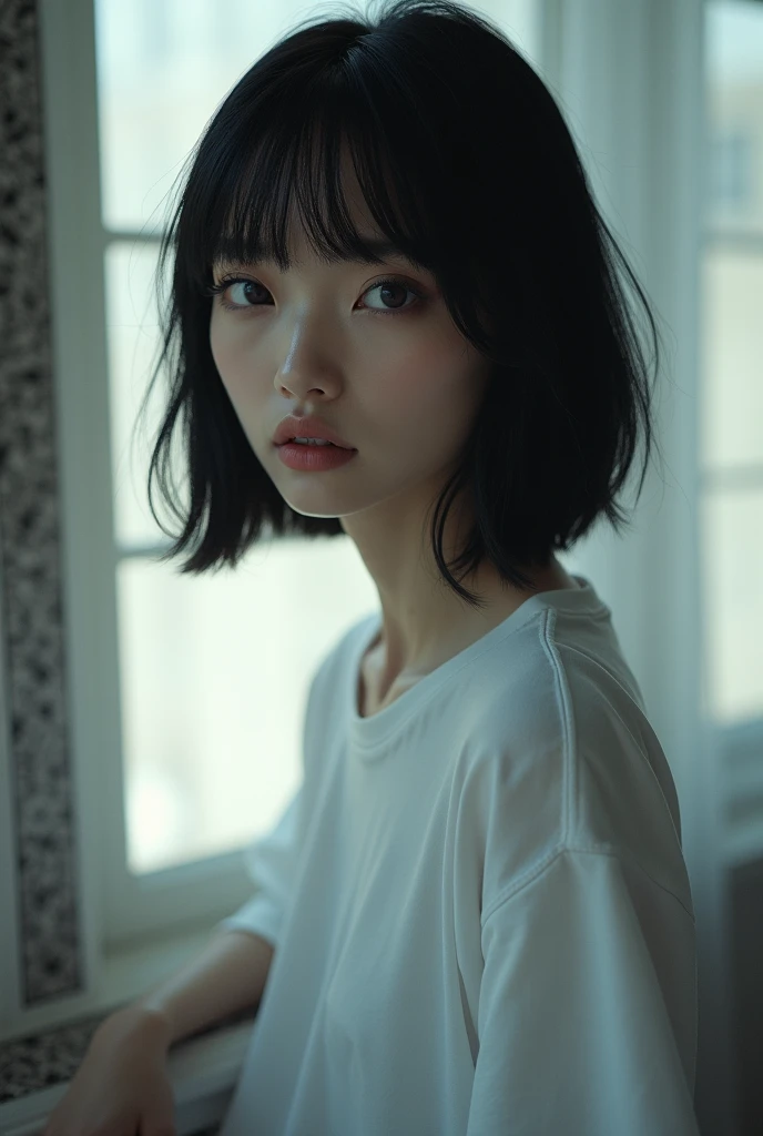 Edit Photos,Highly detailed background,Ultra-realistic,Double exposure,Depth of written boundary,beauty super slender スキニー Korean vibes,Soft focus black tone,Story Scene,Skinny jeans,White T-shirt、Super short straight dark black hairstyle,Knee portrait photo,Pale purple eyes,iris,pupil,Scandinavian-style wallpaper for a stylish room,Wabi-sabi,Latex Catsuit,Mole,Open your lips,From behind,