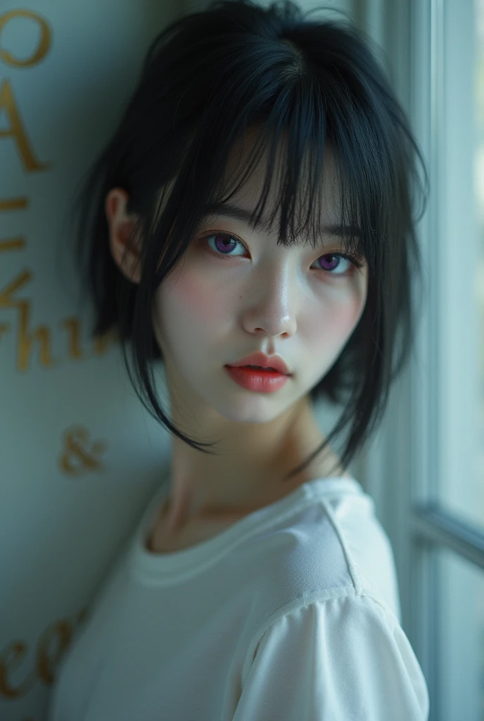 Edit Photos,Highly detailed background,Ultra-realistic,Double exposure,Depth of written boundary,beauty super slender スキニー Korean vibes,Soft focus black tone,Story Scene,Skinny jeans,White T-shirt、Super short straight dark black hairstyle,Knee portrait photo,Pale purple eyes,iris,pupil,Scandinavian-style wallpaper for a stylish room,Wabi-sabi,Latex Catsuit,Mole,Open your lips,From behind,