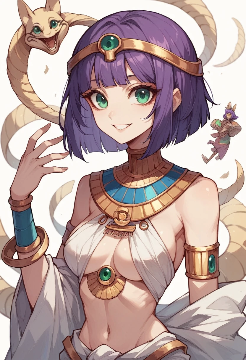Girl, big eyes, green eyes, short hair, purple hair, egyptian women's clothing, smile