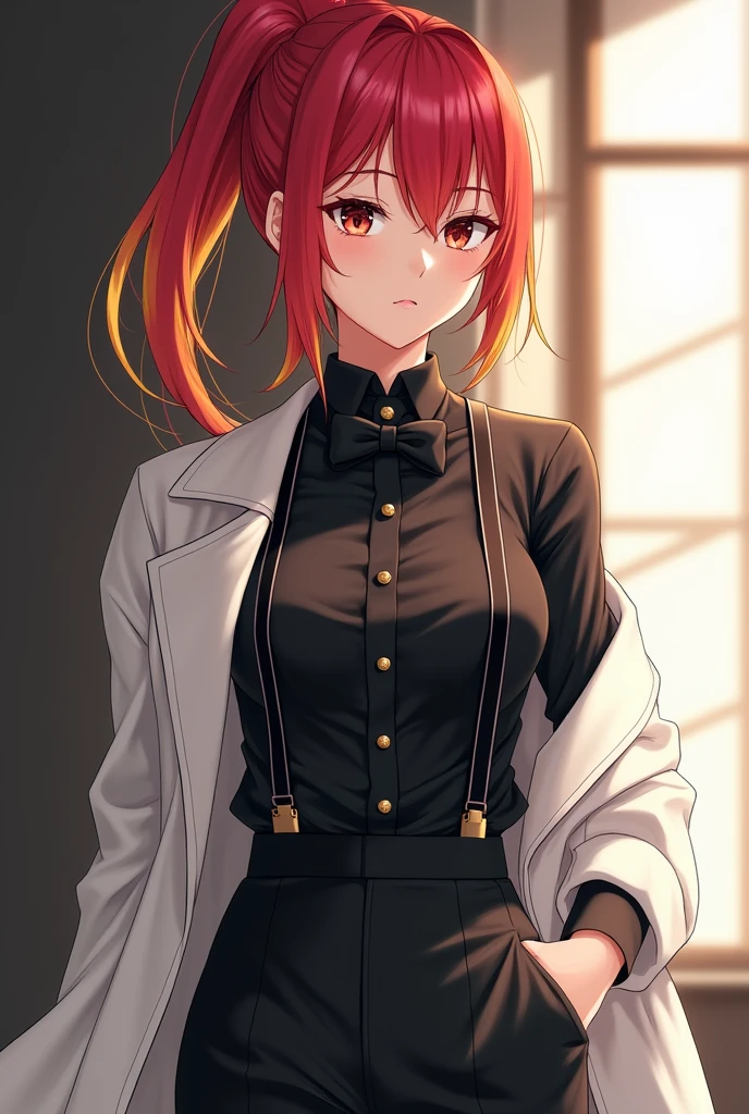 anime style, beautiful anime girl, standing, wearing black dress shirt, red and yellow ponytail hair, black eyes, wearing suit pants, suspender, all button up, not smiling, bowtie, wearing white suit
