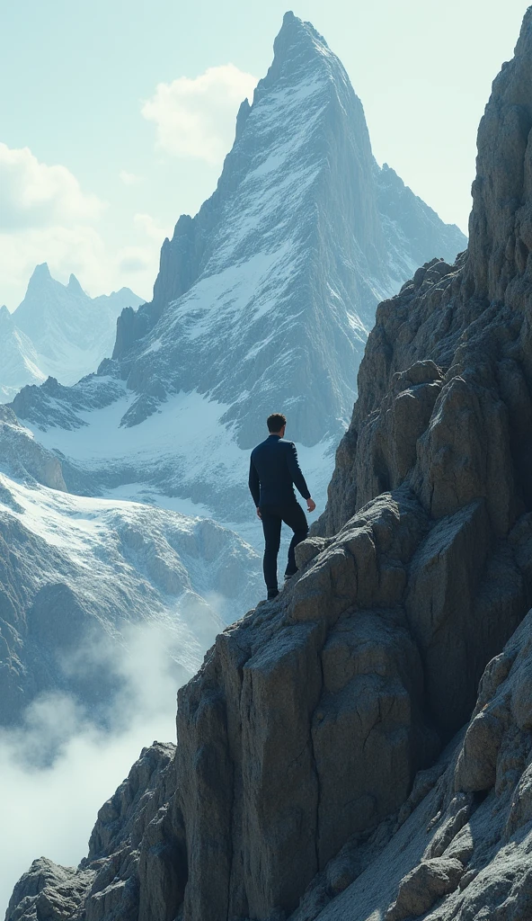 In the style of real movies，A man in black modern clothing is climbing a mountain，With your back to the camera
