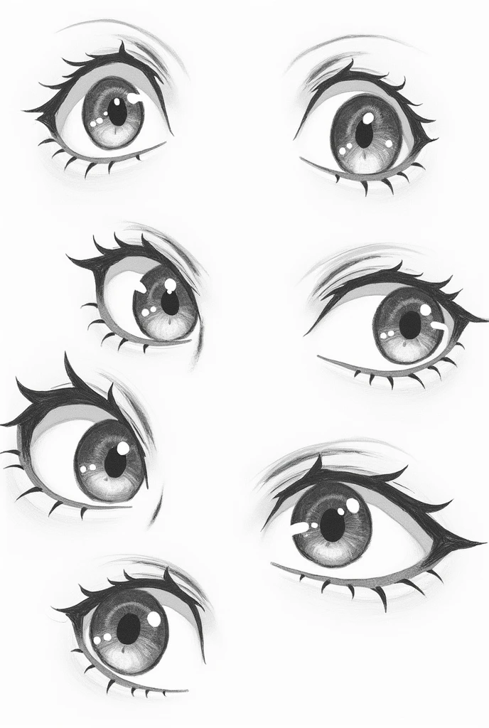 Make a layout of multiple anime eyes sketched by a pencil. Make it sketchy and messy a bit