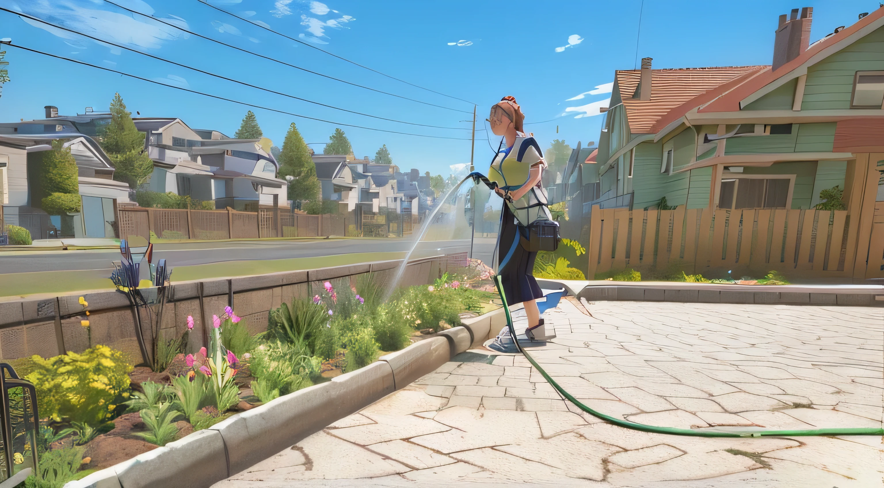 there is a woman walking a hose down a sidewalk, realistic garden, life simulator game screenshot, residential area, photorealistic screenshot, hyper detailed scene, beautiful screenshot, realistic scene, highly detailed scene, realistic anime 3 d style, gardening, springtime morning, suburban garden, walking through a suburb, 3d cg, 3 d cg, detailed photo of virtual world