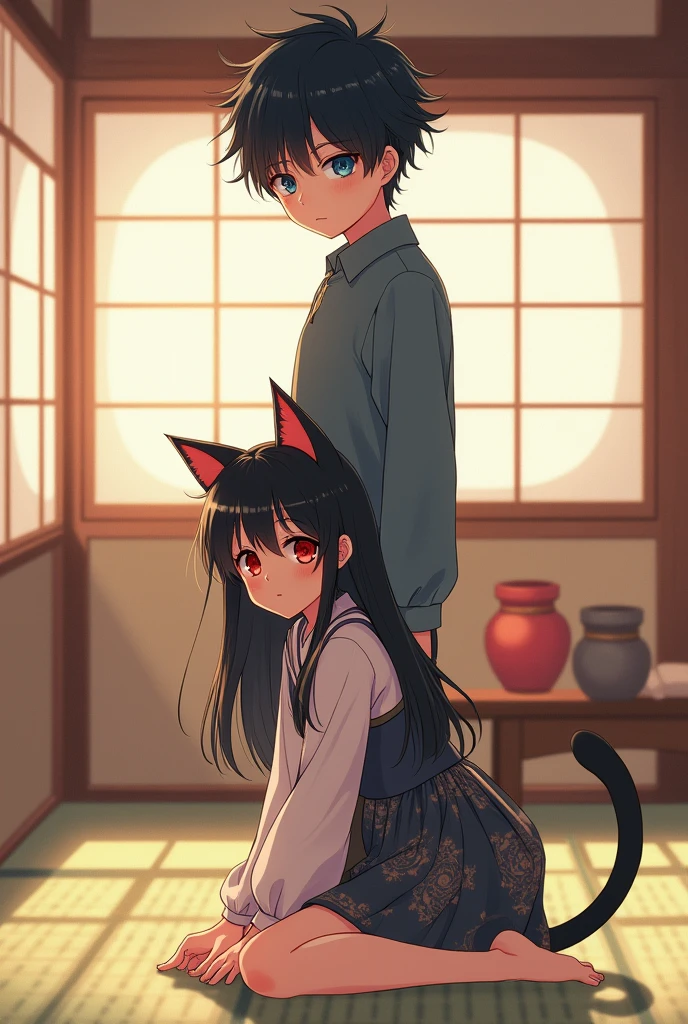 Anime boy with black hair and blue eyes standing and anime girl with black hair and red eyes with cat ears on her knees in front of the boy at home