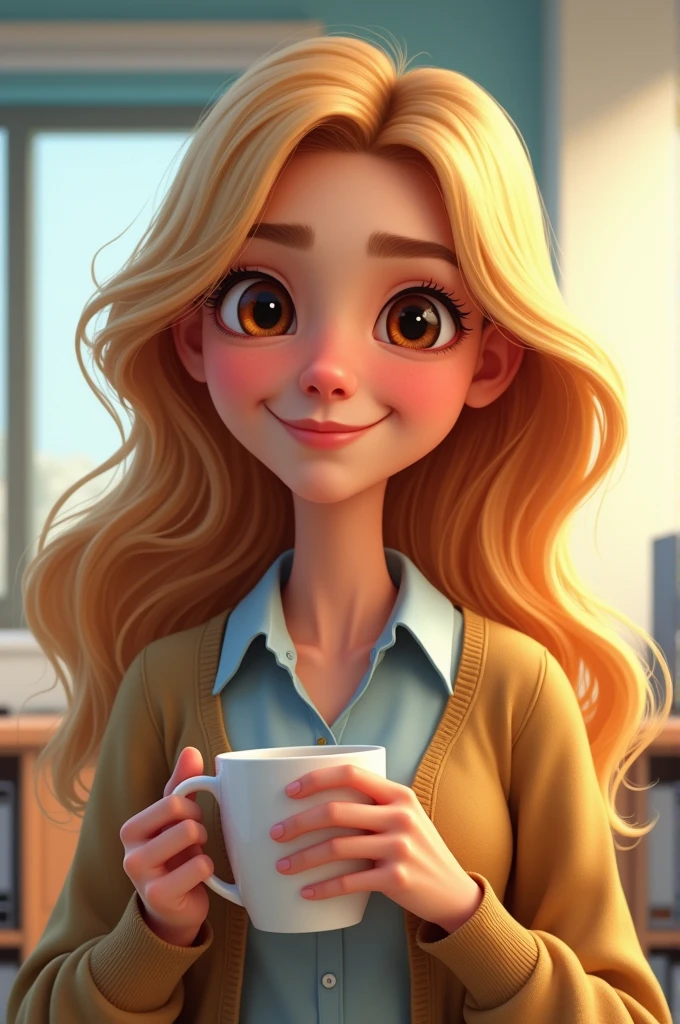 2d pixar style programmer; blonde hair; long hair; brown eyes; woman; loves coffee and working in hdfc bank Ltd 
