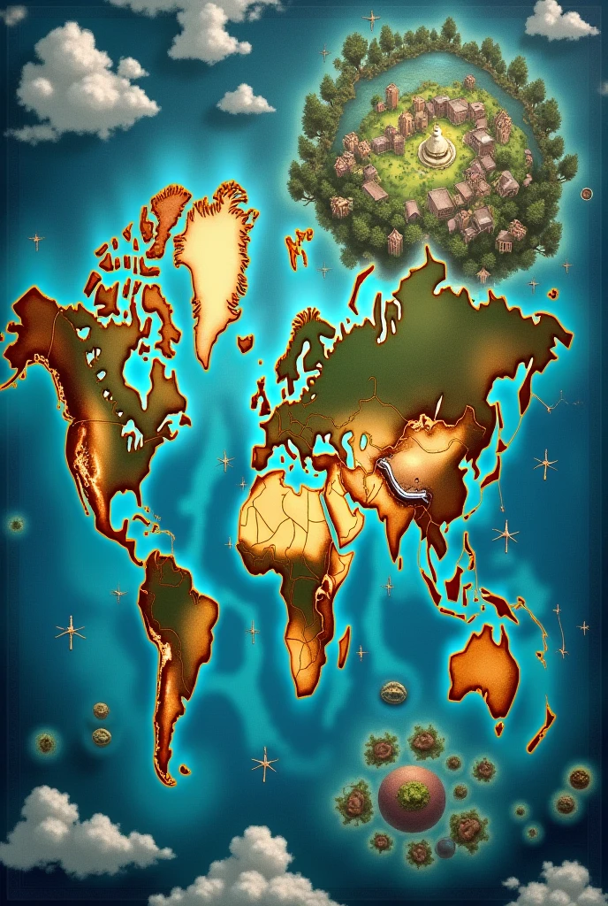 I need a world map of a fantasy land, this land needs to have 7 seas being the names:
1 - Sea of Ocitá 2 - Sea of Ocit'alta 3 - Sea of Chikondi 4 - Sea of Nkhondo 5 - Sea of Rajo 6 - Sea of Geerida 7 - Sea of Bixinta.
You need to have 7 continents, two of which are more or less the same size and 5 of which are half the size and smaller., they may be connected to each other or not. The continents are:
1 - Anza-Mog Minor Continent 2 - Boohull Minor Continent 3 - Catachan Minor Continent 4 - Hyperion Minor Continent 5 - Za'melot Minor Continent
