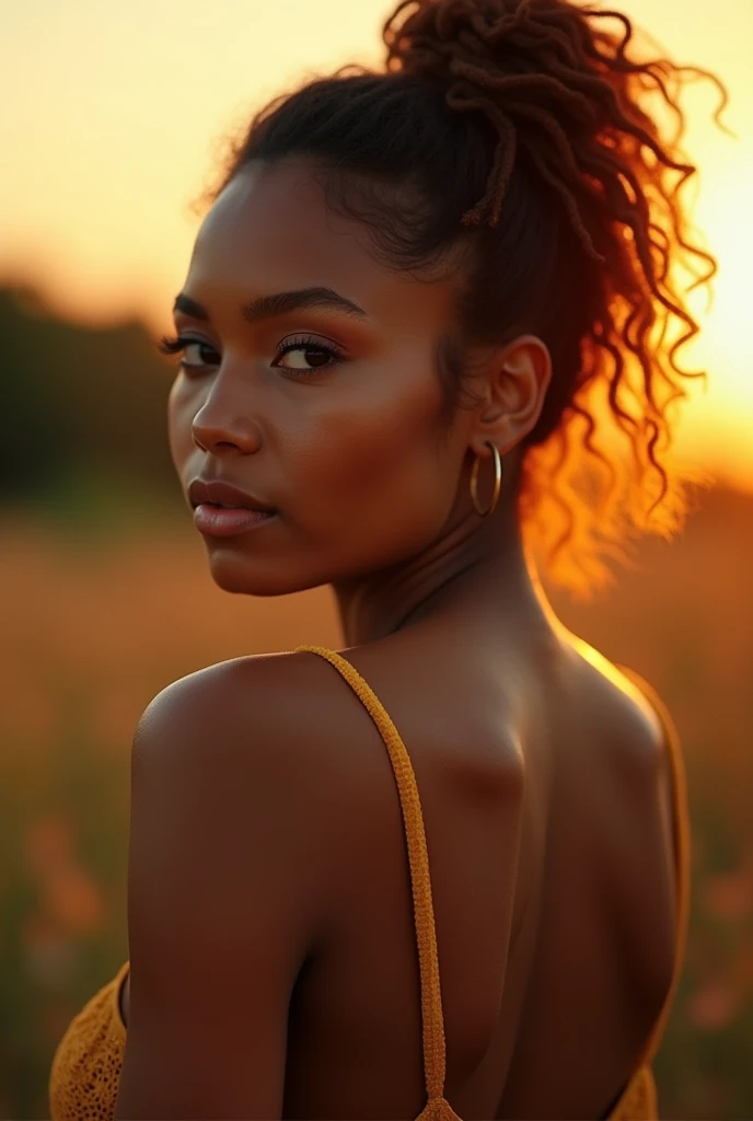 A Brazilian woman, northeastern and exuberant, at dawn, with a close-up capturing her bare back and her harmonious beauty , showing off your natural charm and outgoing personality.