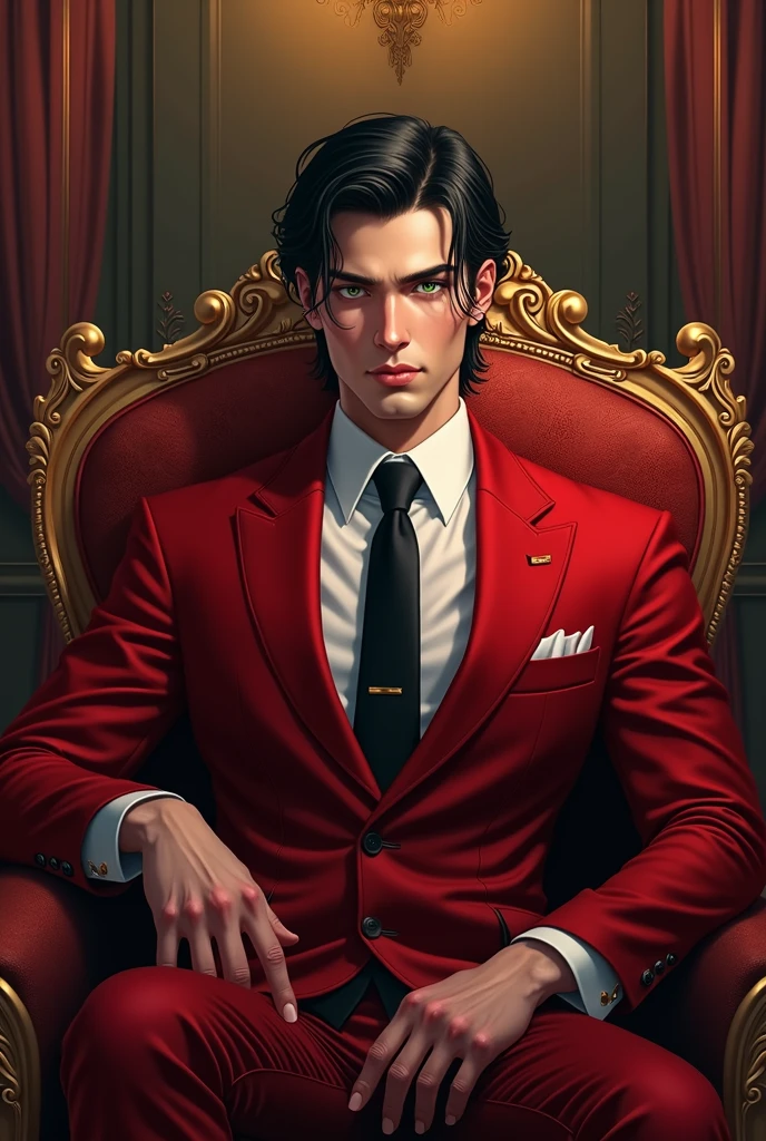 (Manhwa:3.2) Black Hair, Green Eyes, Handsome Face Red Suit, Black Tie, Royal Room Background, Sitting in a chair,