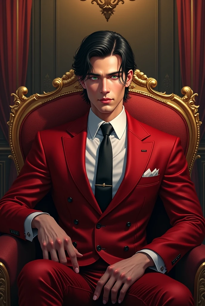 (Manhwa:3.2) Black Hair, Green Eyes, Handsome Face Red Suit, Black Tie, Royal Room Background, Sitting in a chair,