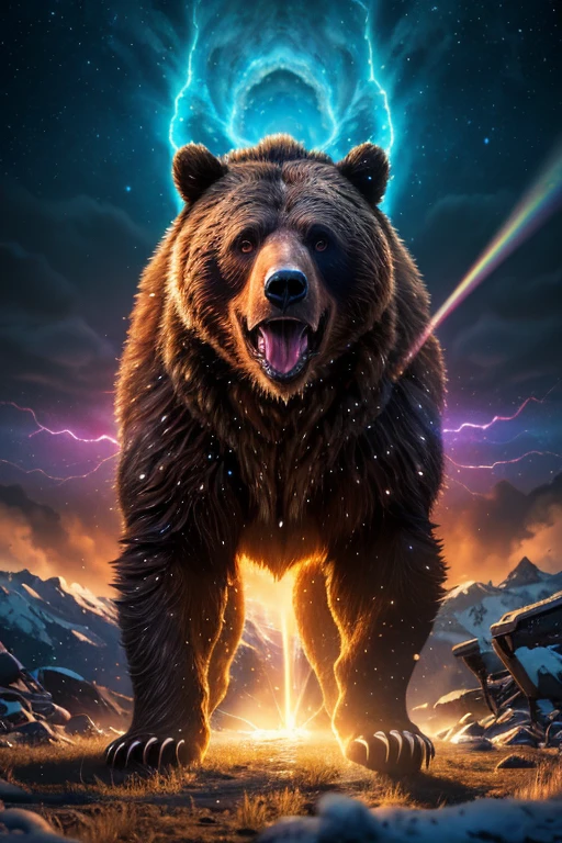  ( perfect anatomy ) a mythical brown bear, nuclear explosion, nucleaur winter, claws radioactive, prowling through chaos, ethereal and divine, photorealistic, 8k, hyper detailed, dramatic lighting, vibrant colors, surreal and abstract, nuclear holographic effects, dynamic movement(Open your big glowing jaws) Bear knight, Bear knight armor, In a wasteland field, radiation 