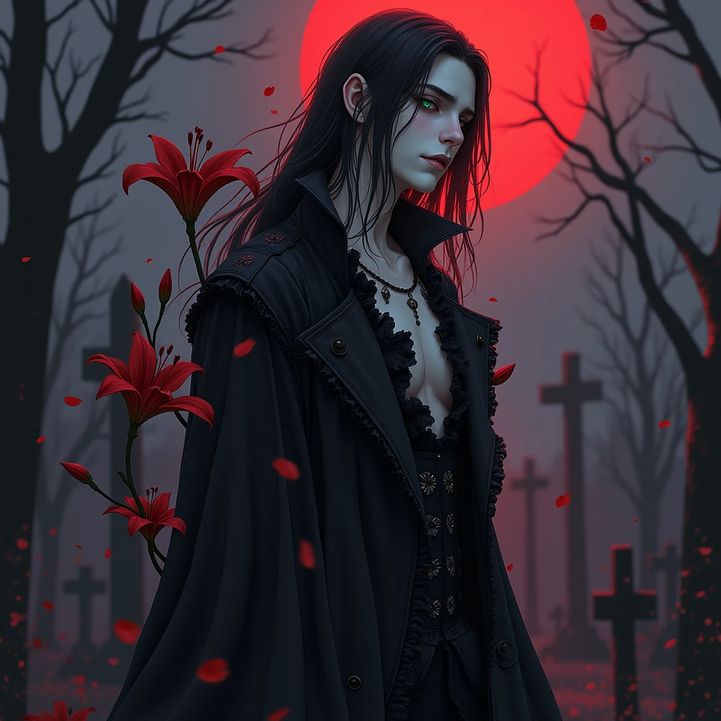 (( 1 male with long black hair and teal eyes, dressed in frilly gothic black clothes. His skin is white and pale like a vampire. in the graveyard. Delicate facial features. (((Gloomy)) ((smoky)) ((dark)) ((black and purple)) (((scary))) ((horror))) mysterious) (((masterpiece)) ((perfectly detailed)   ((scary))) ((smoke fills the room) ((looking down))) ((up angle) ((corpses and dead souls are dancing around him) (((up angle)))) gloomy atmosphere. Sleepy eyes)) tired expression))) ((((dark)))) no hope left. No faith left. ((Red moon)) ((no light)) ((red and black shading)) ((ghosts)  ((death lilys) (((death))) ((red death lilys on him)) ((red death lilys wrapped around him))) (((sexy))) ((delicate facial features))))) (((hot)) (( his clothes swaying in the scary wind) (symbolizing death)))) (((gloomy)))) (((smoky))) (russian))) ((hot))) (male sexy))) (shiny))) ((sexy))) ((hot))) sexy vampire biting people's necks.