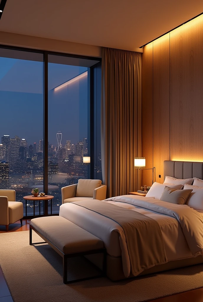 Luxurious master bedroom with king-size bed and luxurious linens, Textured wooden wall as a background. The room is warm, Modern bedside lamps and chandeliers provide soft lighting for a cosy atmosphere.。. Near the floor-to-ceiling windows、There is a cozy sitting area with plush armchairs and a small coffee table.。, Enjoy a private and beautiful night view, View through sleek glass doors, Modern cityscape at night