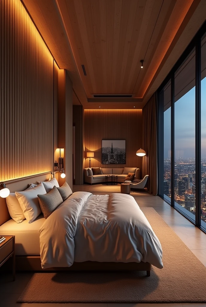Luxurious master bedroom with king-size bed and luxurious linens, Textured wooden wall as a background. The room is warm, Modern bedside lamps and chandeliers provide soft lighting for a cosy atmosphere.。. Near the floor-to-ceiling windows、There is a cozy sitting area with plush armchairs and a small coffee table.。, Enjoy a private and beautiful night view, View through sleek glass doors, Modern cityscape at night