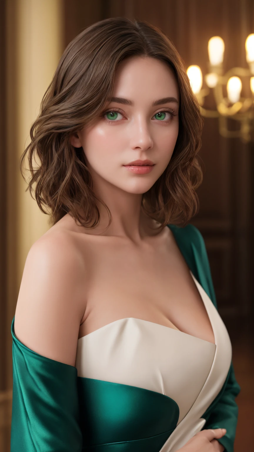 At a in a ballroom, in a mansion in a large metropolis in the United States, a beautiful businesswoman, middle-aged woman, 3, wearing a black and gray full-length fitted ball gown with bare shoulders, covering her arms with an extremely luxurious coat, white skin, brown hair, green eyes, extremely detailed light hazel eyes, detailed symmetric realistic face, extremely detailed natural skin texture, peach fuzz, messy hair, masterpiece, absurdres, nikon d850 film stock photograph, kodak portra 400 camera f1.6 lens, extremely detailed, amazing, fine detail, rich colors, hyper realistic lifelike texture, dramatic lighting, cinestill 800 tungsten, raw photo, high quality, highres, sharp focus, extremely detailed, cinematic lighting, 8k uhd