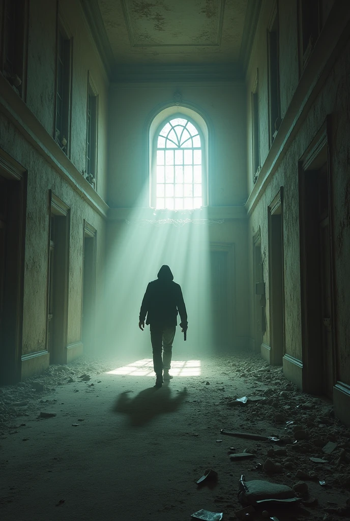 abandoned mansion, first person view with a gun in hand, main hall full of dust