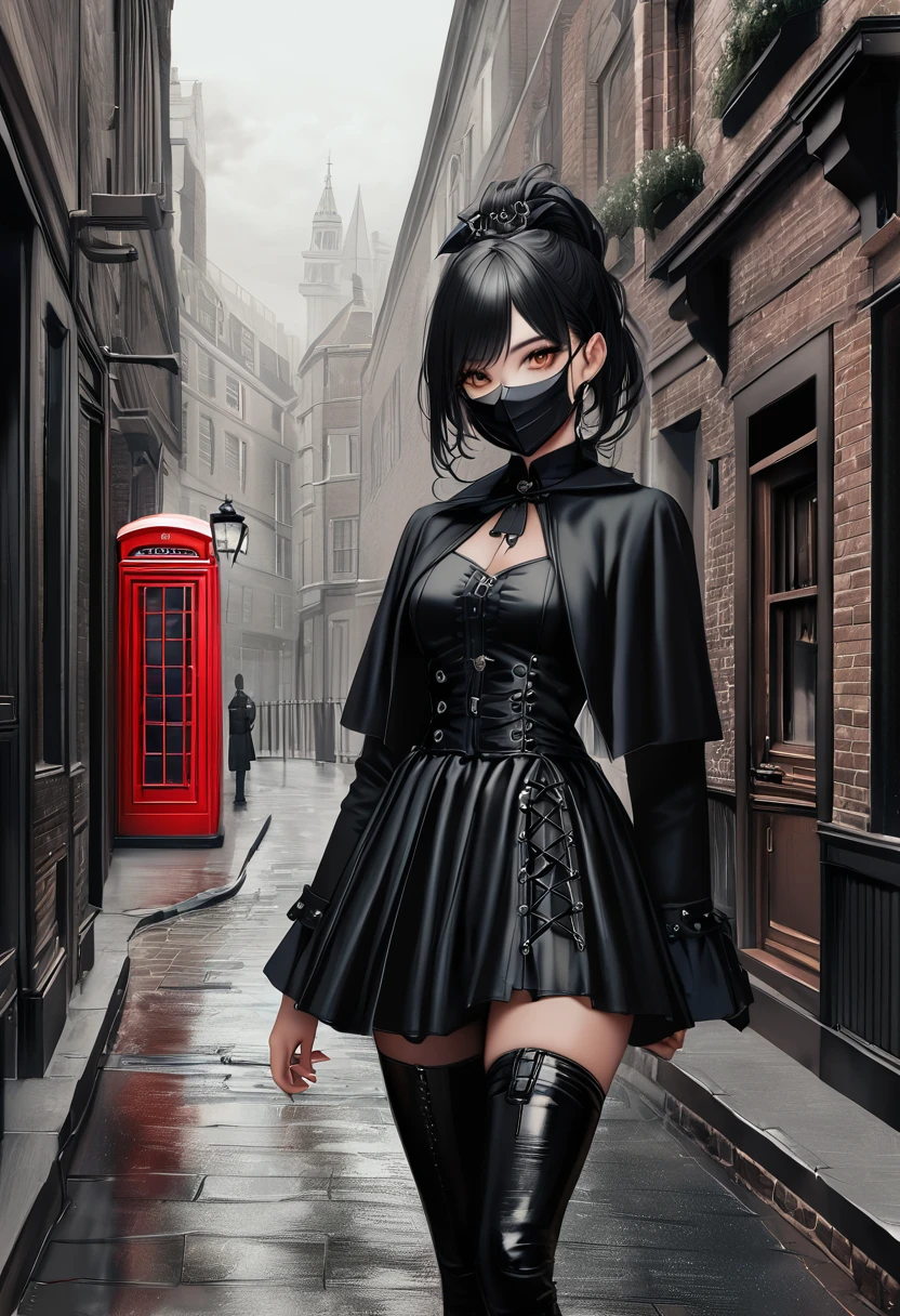 Gothic Punk、The inside color is red、Black-haired、hair ornaments、Beautiful girl、creative、Dark Fantasy Style、、Goth Fashion,Tight mini skirt、Fine skin、Realistic textured hair、((Black Mask)),Whole Body Ezbian,19th century London
