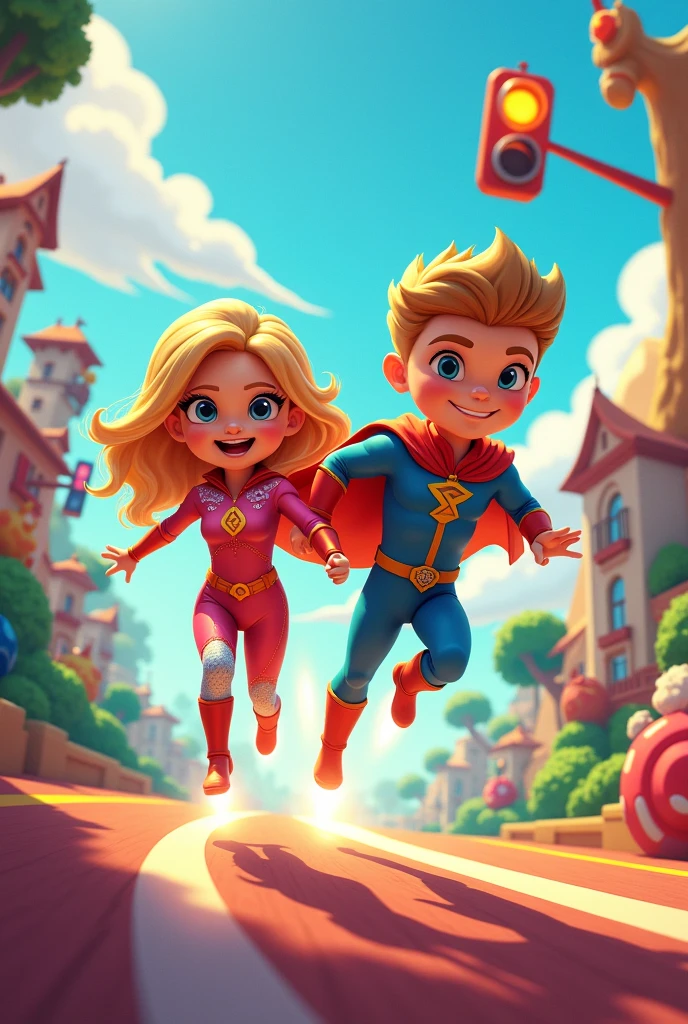 Create two cute characters Speed Lady and Acceleration Man. They should be for children and in a cute Motion Kingdom.