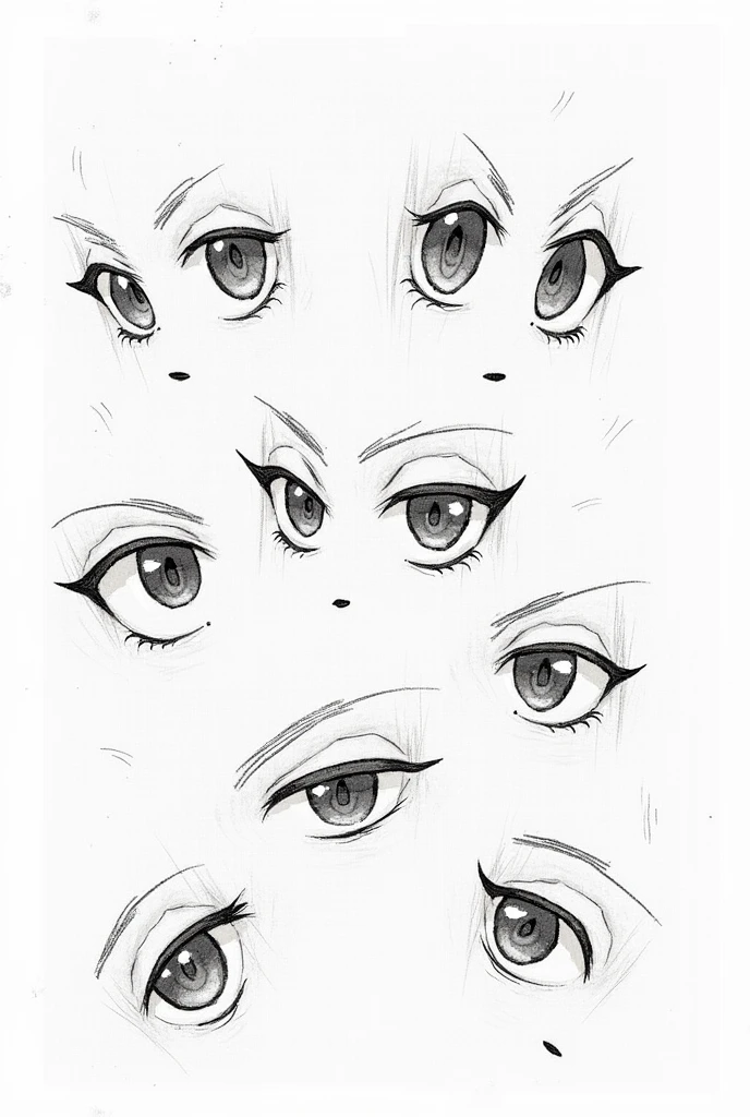 Make a layout of multiple anime eyes sketched by a pencil. Make it sketchy and messy a bit