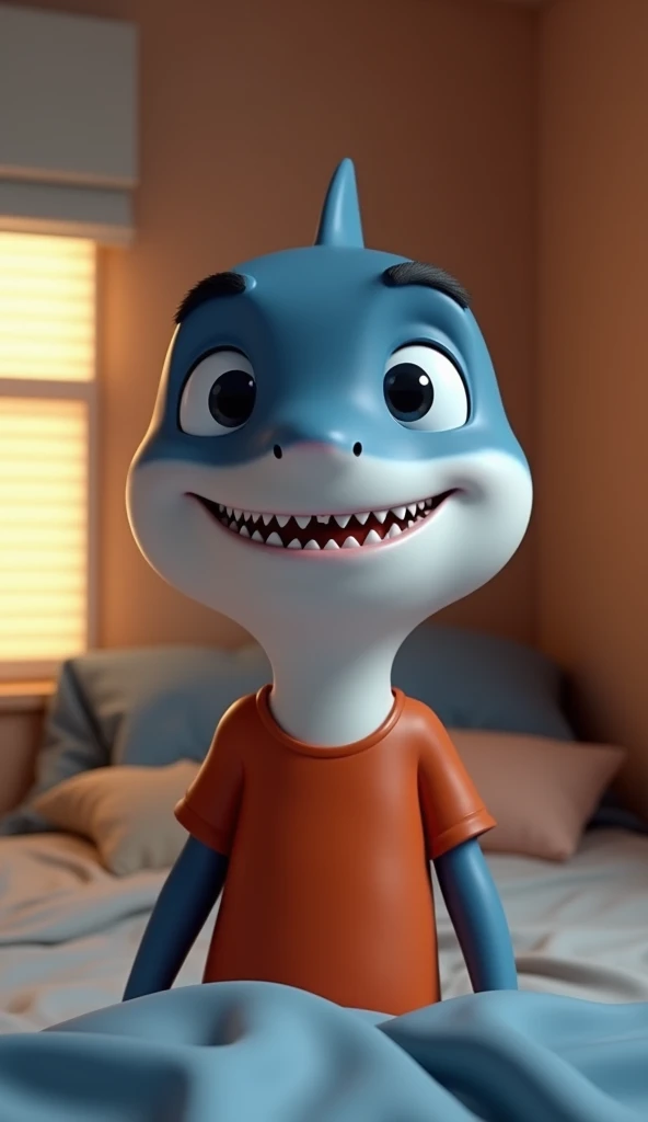 Perfect centering, Looking at the camera, a close up 2/3 of a cartoon shark wearing a shirt, 3 d animation demo reel, 3d animation, 3 d animation, 3 d animated movie, 3d animated, 3 d animated, tv commercial, clay animation, cgi animation, cute! c4d, cute 3 d render, pixar 3 d animation style, in a bedroom 4 k, 3 d cartoon