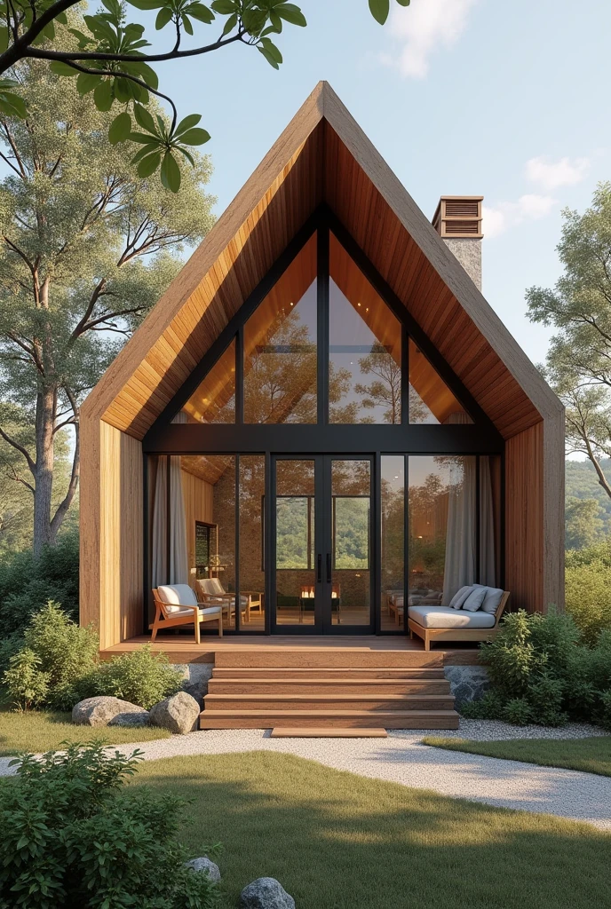 Design a 60m2 country house: 1 small bedroom and shared bathroom: 1 double bedroom with suite and closet next to the living room: kitchen combined with living room with fireplace and view: and the master bedroom with a view: 60cm round eucalyptus columns, gable roof and glass front