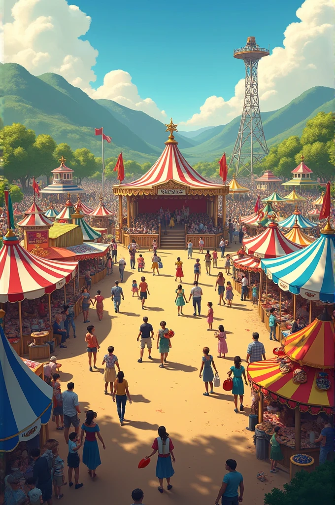 The fair's vibrant setting, featuring colorful stalls, rides, and a bustling crowd. People are engaged in various activities, and a stage or tent is set up for the competition.