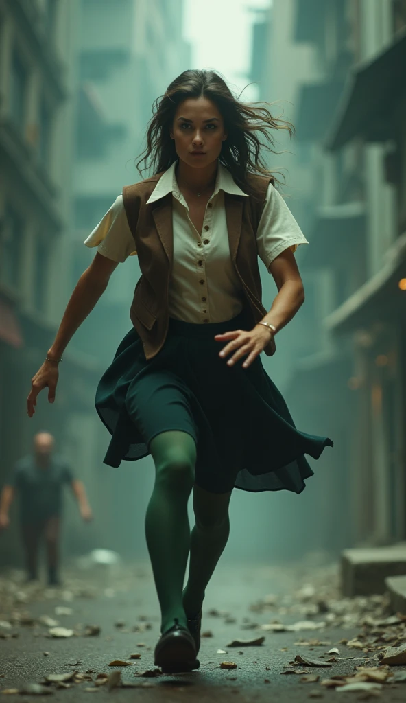 ((Highest quality)), ((masterpiece)), (horror movie posters:1.5), (short-sleeved shirt), Jason runs away, A muscular grey female pigeon chasing, グレーの女性のハトがオフホワイトで襟付きのshort-sleeved shirtに薄茶色のベストを着てひざ丈の黒いスカートに濃い緑の靴下と黒の靴を履いている, Photorealistic images,