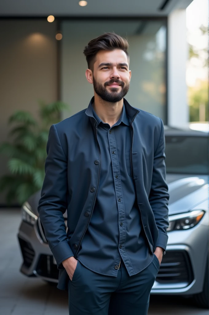 white male, western, 30 YEARS OLD, with medium length dark brown hair, well-groomed, and medium black beard, IT technical professional, arriving at the client's house by car, image must have medium contrast, high resolution, with modern and opaque background, highlighting the main character