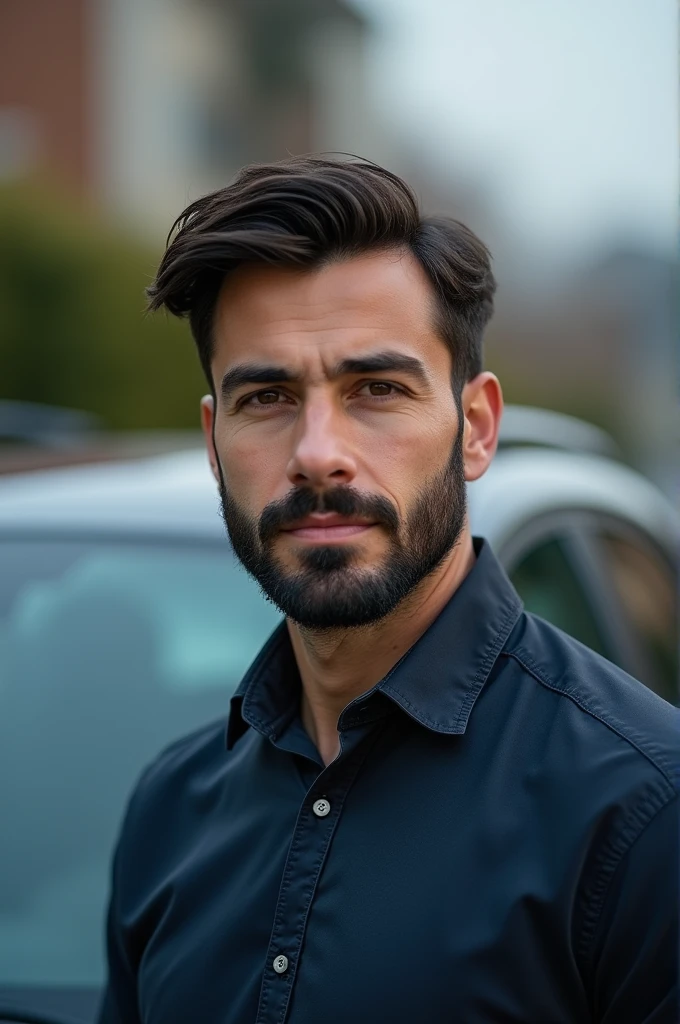white male, western, 30 YEARS OLD, with medium length dark brown hair, well-groomed, and medium black beard, IT technical professional, arriving at the client's house by car, image must have medium contrast, high resolution, with modern and opaque background, highlighting the main character