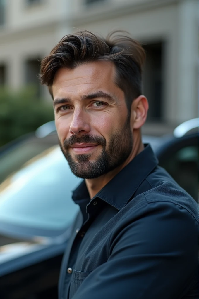 white male, western, 30 YEARS OLD, with medium length dark brown hair, well-groomed, and medium black beard, IT technical professional, arriving at the client&#39;s house by car, image must have medium contrast, high resolution, with modern and opaque background, highlighting the main character
