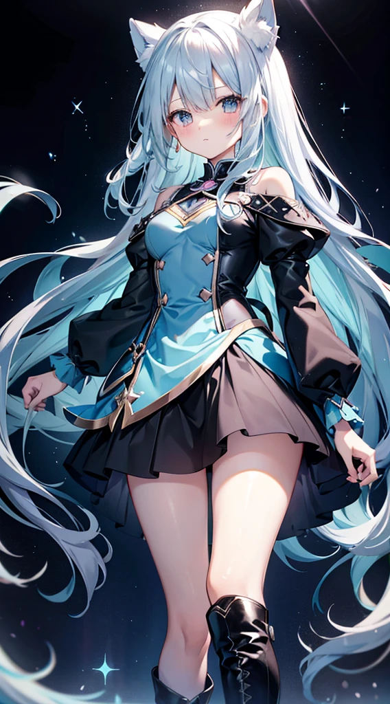 full body length, aesthetic anatomy, 1cute girl wears Aqua outfit from KonoSuba's anime, long blue hair, blue eyes, tight sleeveless dark blue vest, swipe dark blue skirt, hightights dark blue boots, dynamic angle, highly detailed, natural details, masterpiece, 4K quality, 8k resolution 
