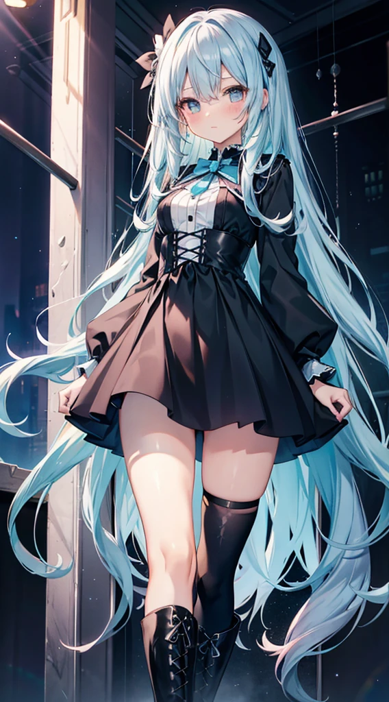 light blue Long Hair Magical girl Black Dress mini skirt beautiful girl slender Embarrassing blush Black boots cool Magic wand