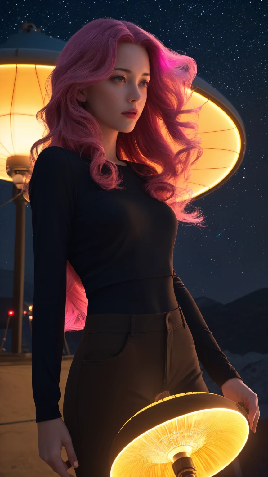 A woman with long pink hair, night sky, neon lights, flying saucer, galaxy background, abduction, black clothes with LED lights, (best quality,4k,8k,highres,masterpiece:1.2),ultra-detailed,(realistic,photorealistic,photo-realistic:1.37),cinematic,dramatic lighting,vibrant colors,intricate details