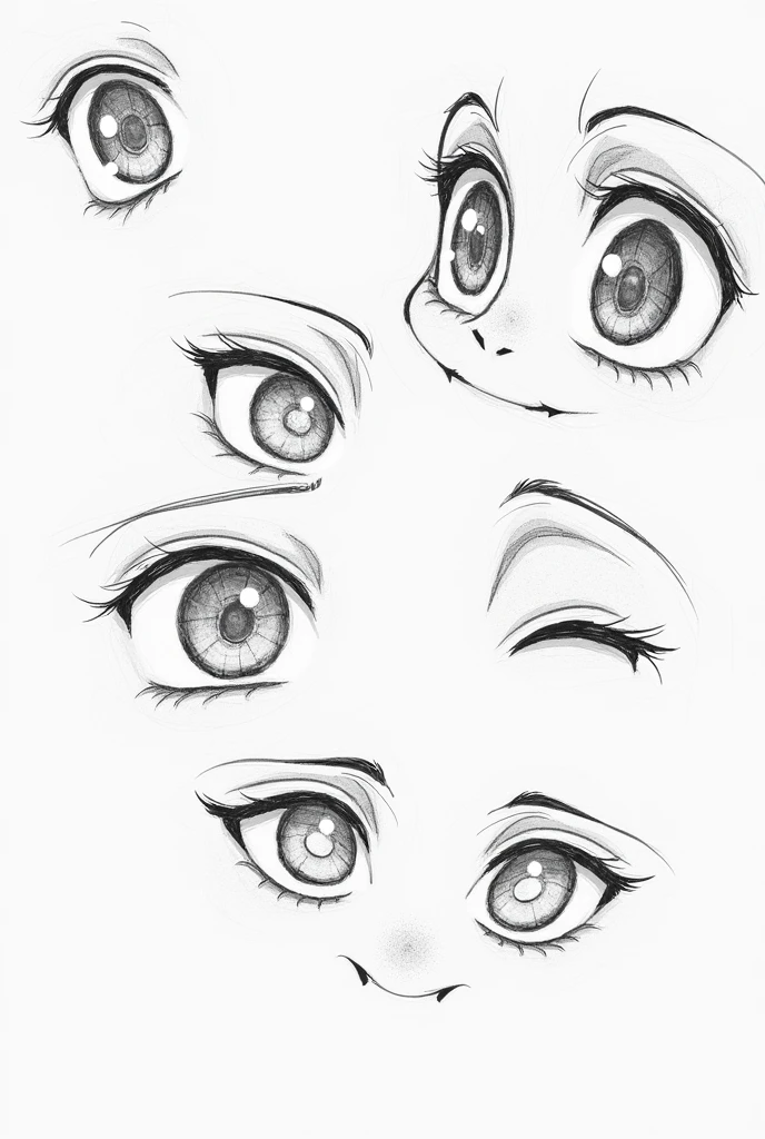 Make a layout of multiple anime eyes sketched by a pencil. Make it sketchy and messy a bit