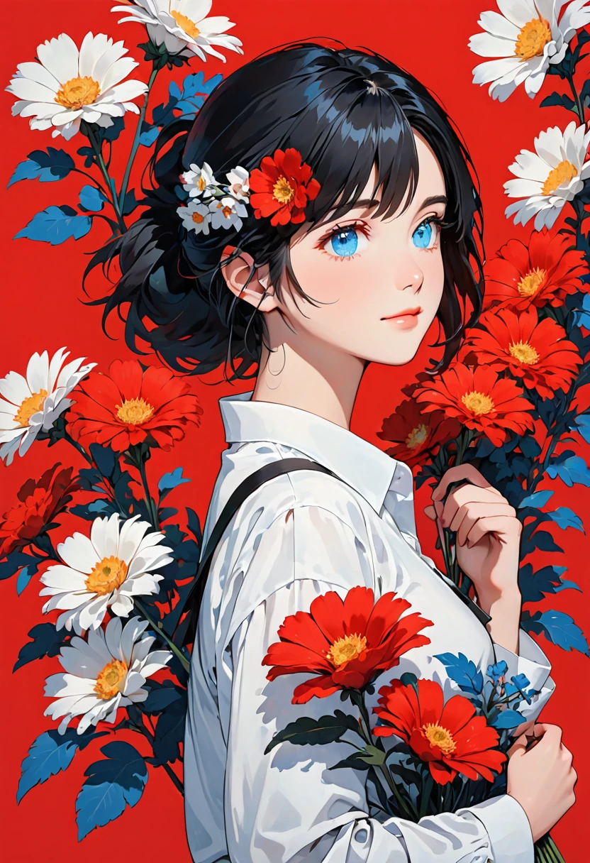 A girl holding flowers on her shoulder on a red background, one girl, flower, alone, flower, black hair, blue eyes, shirt, red background, white shirt, second red red, simple background, official,,