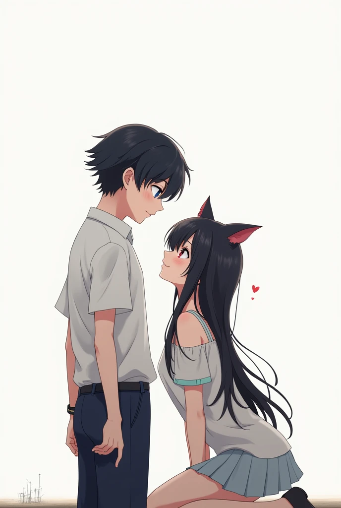 Anime boy with black hair and blue eyes standing and anime girl with black hair and red eyes with cat ears on her knees in front of the boy