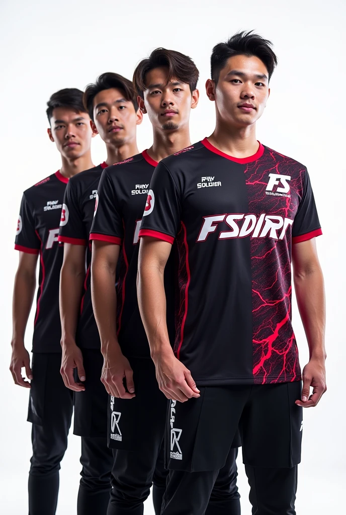 Creat a jersey of FS ESPORTS IN WHITE with FURY SOLDIRER WRITTEN IN MIDDLE .FS LOGO IN RIGHT TOP with wearing by 4 poople .side line like elctic coated with red line