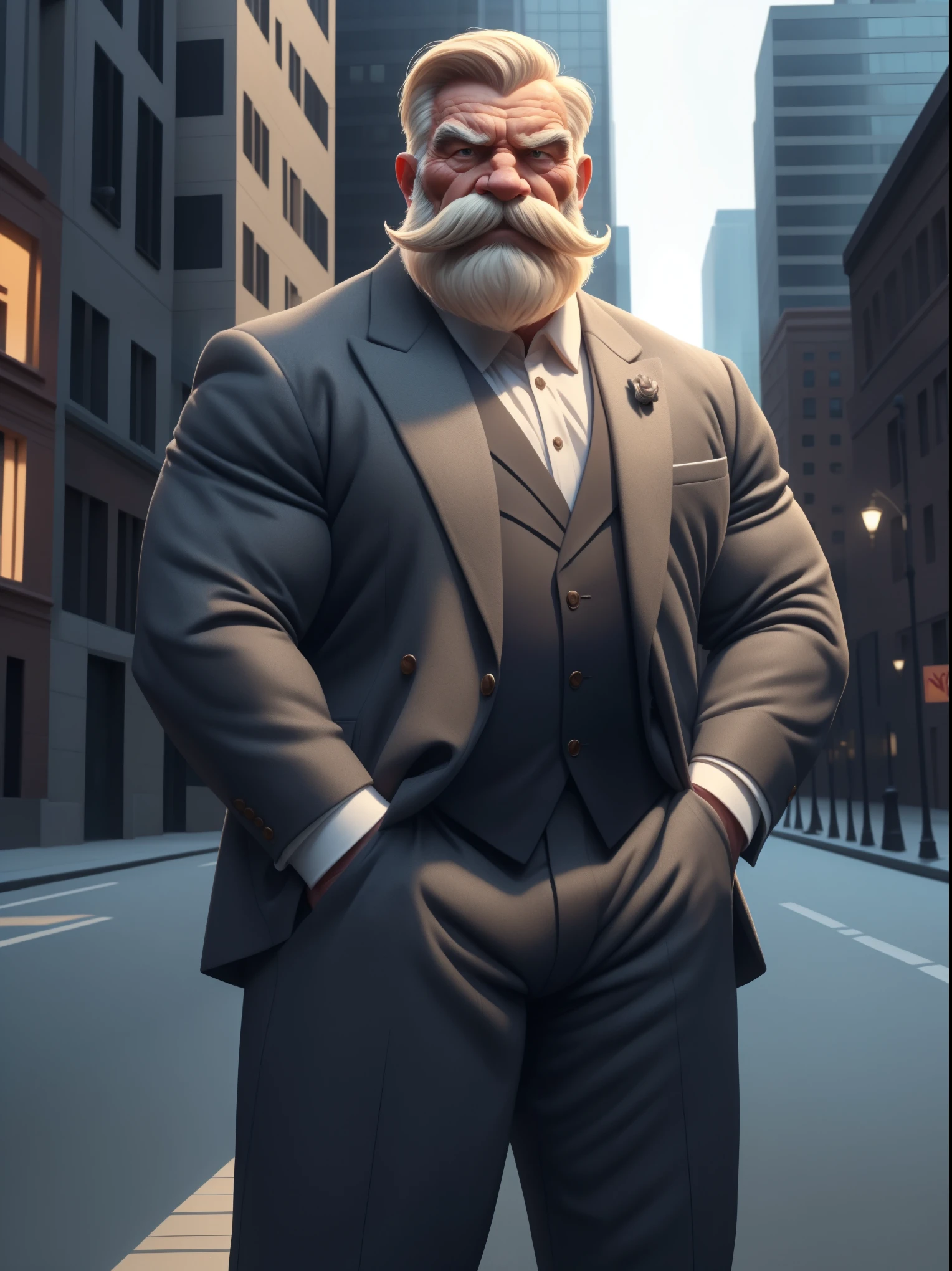 a muscular old man with a thick mustache and long beard, wearing a suit, standing in a city background, (best quality,4k,8k,highres,masterpiece:1.2),ultra-detailed,,detailed wrinkles,detailed facial features,detailed texture, half body, halfbody