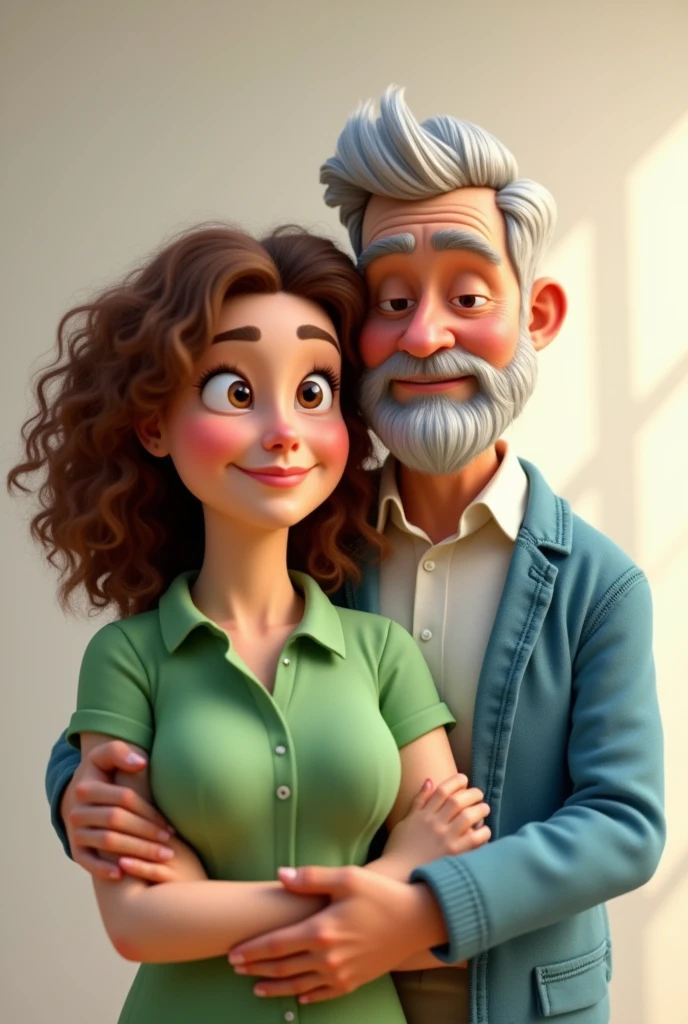Pixar style image of a couple, full body shot. the wife is in front , She has a green shirt, She has light brown curly hair, white skin,plump complexion, The husband behind her is white-skinned, grey hair, shaved beard white shirt and blue jacket, They are looking at a lower corner, they are smiling
