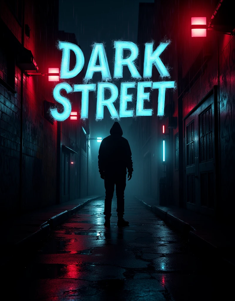 Song cover for 'Dark Street', un tema de Trap Drill Hip Hop Agressive. The image should have a dark and urban atmosphere, with a graphic style that reflects the intensity and aggressiveness of the genre. Includes a dark and lonely street with flashing neon lights, Graffiti on the walls and a light rain. The title 'Dark Street' should be in big, bold letters, with a neon or graffiti effect. Add elements like mysterious shadows or silhouetted figures to intensify the atmosphere.. The design should convey a sense of danger and mystery., maintaining a modern and edgy aesthetic.