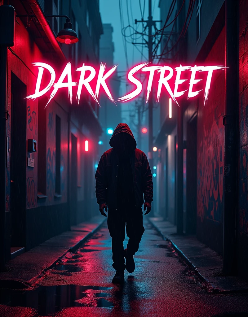 Song cover for &#39;Dark Street&#39;, un tema de Trap Drill Hip Hop Agressive. The image should have a dark and urban atmosphere, with a graphic style that reflects the intensity and aggressiveness of the genre. Includes a dark and lonely street with flashing neon lights, Graffiti on the walls and a light rain. The title &#39;Dark Street&#39; should be in big, bold letters, with a neon or graffiti effect. Add elements like mysterious shadows or silhouetted figures to intensify the atmosphere.. The design should convey a sense of danger and mystery., maintaining a modern and edgy aesthetic.