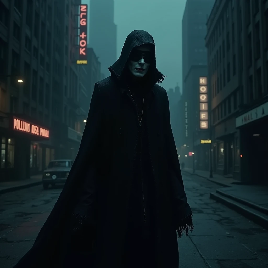 Draw a blindfolded vampire in a dark city