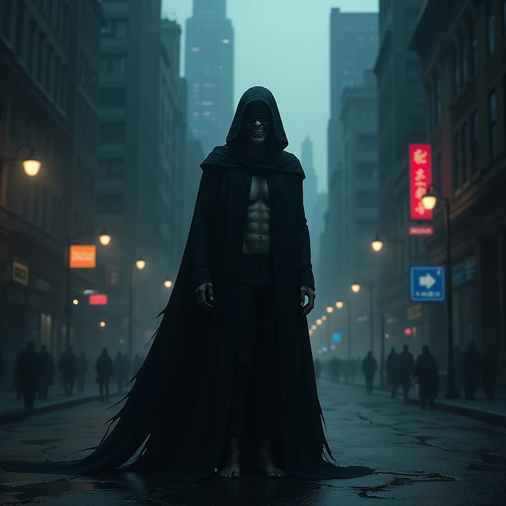 Draw a blindfolded vampire in a dark city