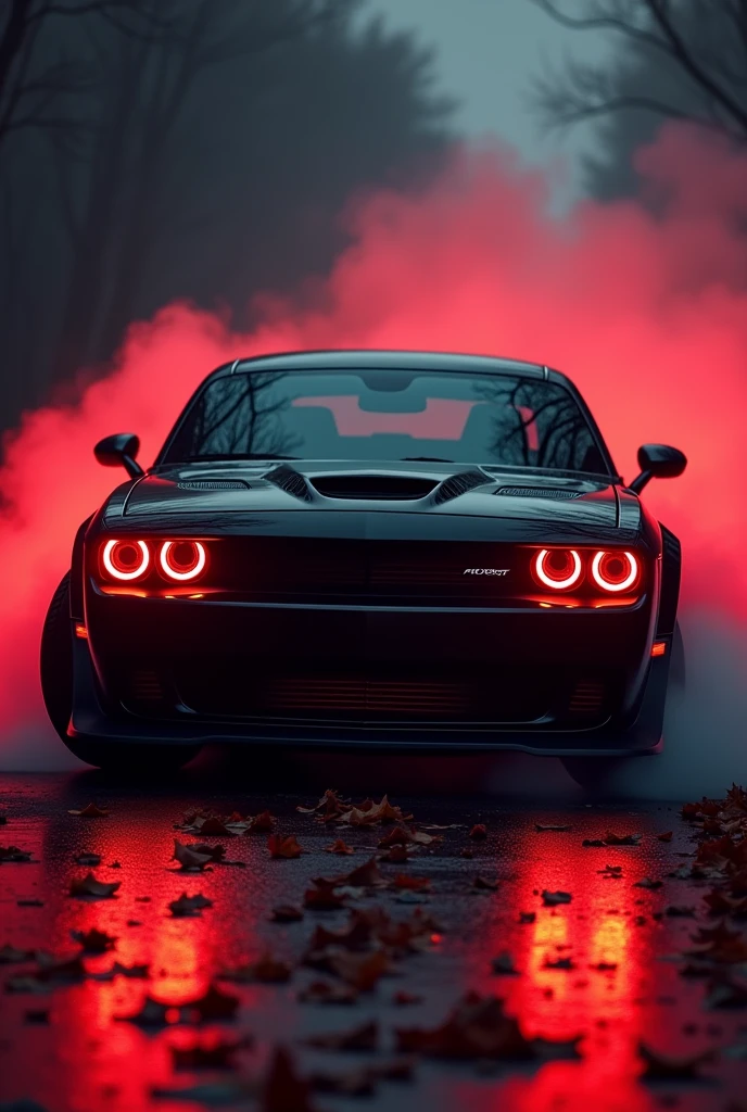 Dodge Challenger SRT hellcat red eye in black colour with red light with dark background with a little side view with fume with a death stare view and some dead leaves on ground front view a little side drift view