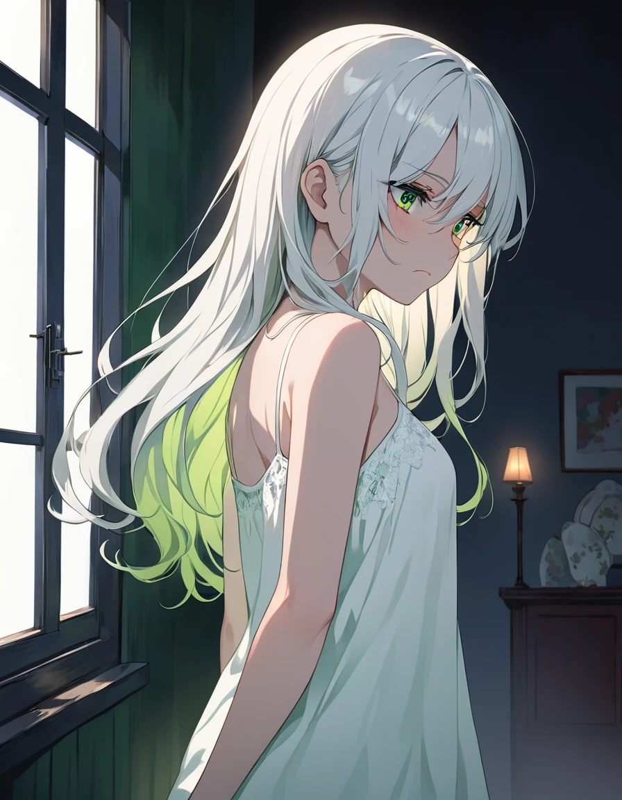 Highest quality image、Anime style illustrations、midnight、Fantasy、beautiful、Dimly lit、Woman by the window、20-year-old、White Hair、Long Hair、Eyes glowing green、White camisole、Great style、Embarrassed look、cute、A woman with her arms behind her back looks embarrassed