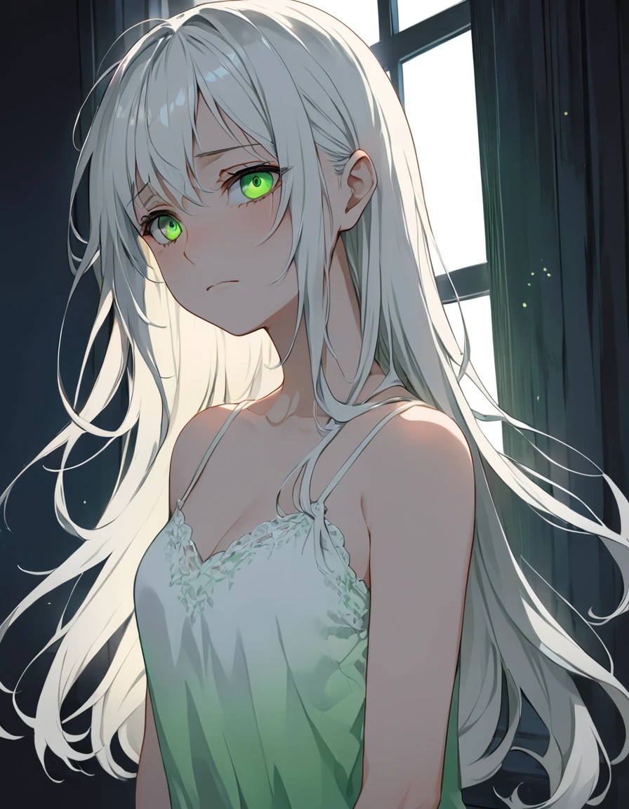 Highest quality image、Anime style illustrations、midnight、Fantasy、beautiful、Dimly lit、Woman by the window、20-year-old、White Hair、Long Hair、Eyes glowing green、White camisole、Great style、Embarrassed look、cute、A woman with her arms behind her back looks embarrassed